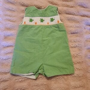 Petit Ami smocked sea turtle green gingham jon jon romper size 6 months